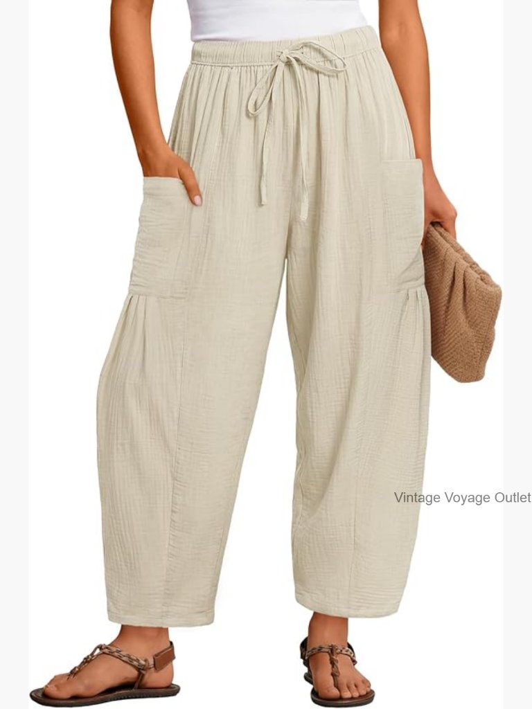 Linen Wide Leg Pants With Pockets, Elastic Waist, Summer Casual